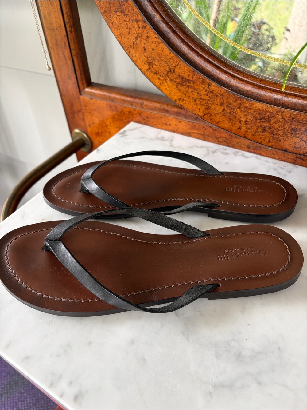 Garnet Hill Black Brown Leather Sandal Thongs Italy Black Leather Straps